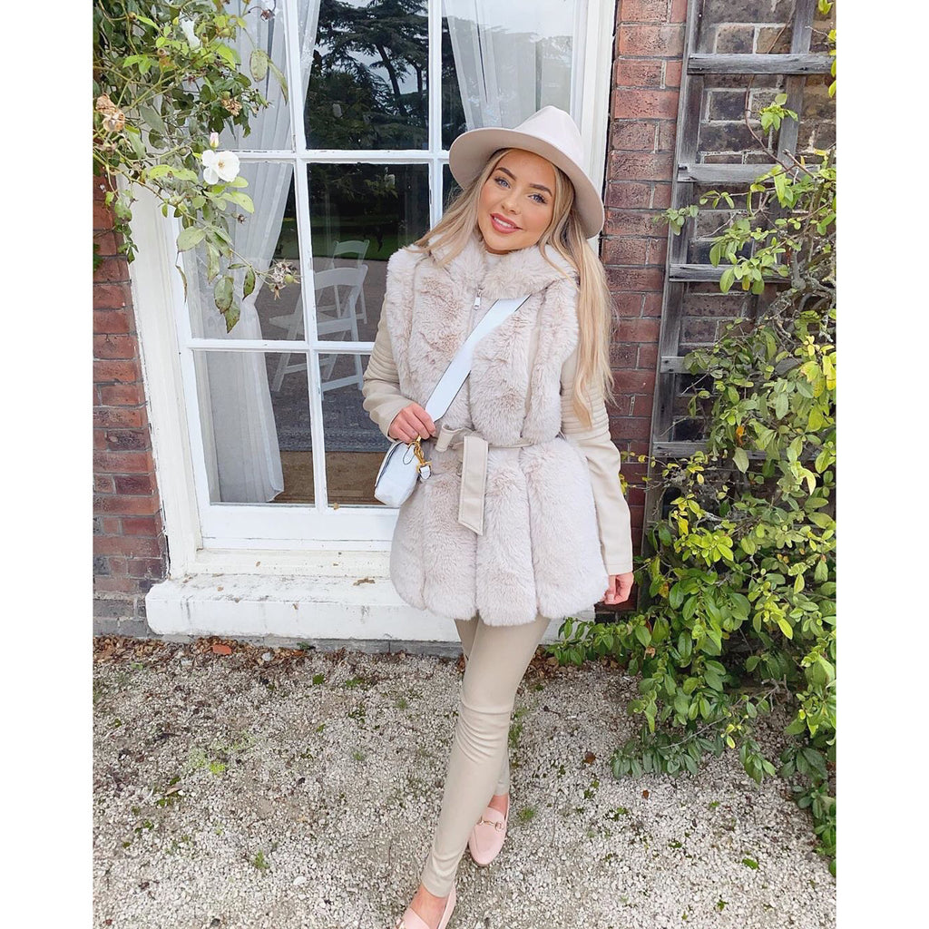LILY CREAM HOODED FAUX FUR TRIM BELTED LONGLINE COAT - Celeb Threads