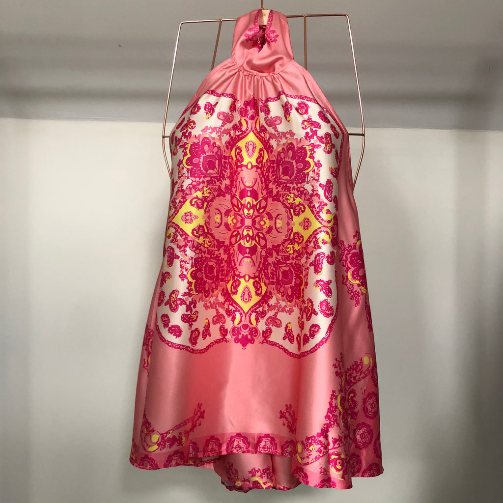 ANAIS FUCHSIA PINK SILKY HALTER NECK SHORTS CO ORD TWO PIECE SET
