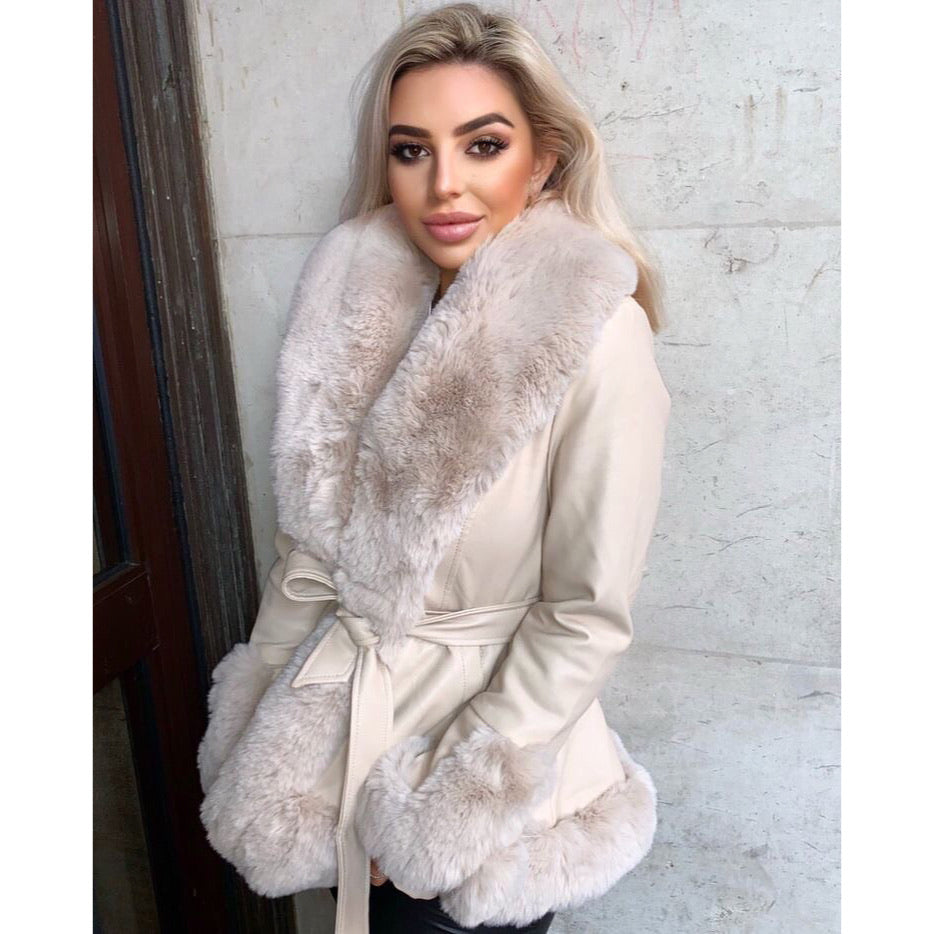 LIA CREAM FAUX FUR TRIM BELTED SHORT COAT WITH HOOD - Celeb Threads