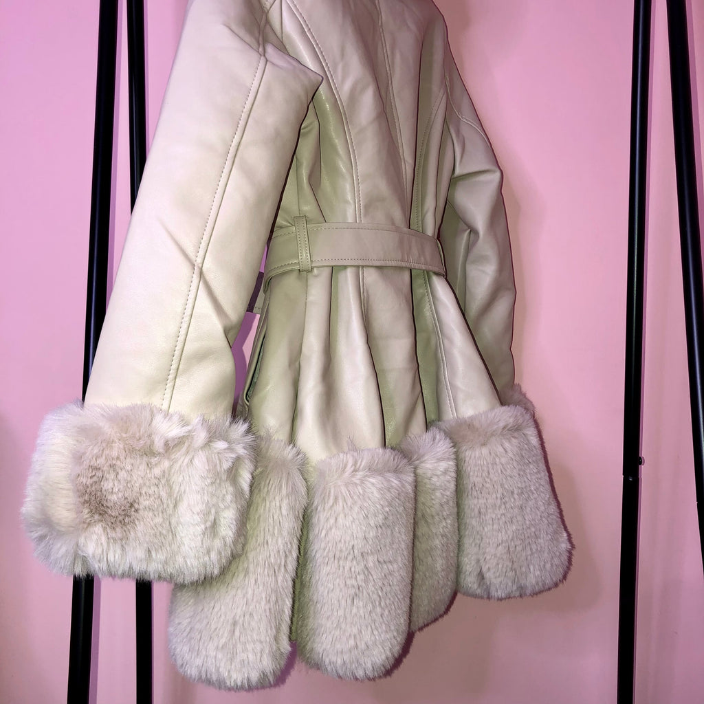 Anouska cream hooded pu leather faux fur coat - Celeb Threads