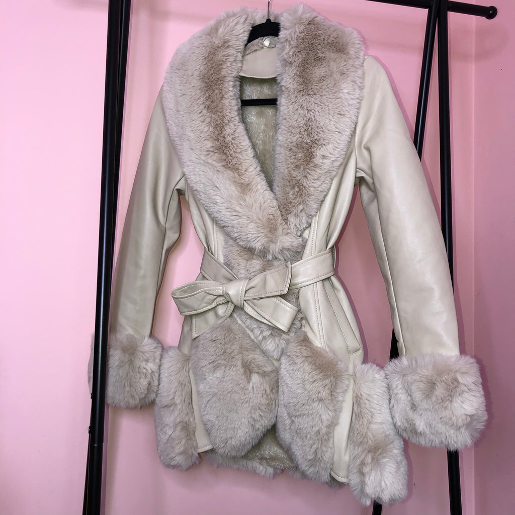 Anouska cream hooded pu leather faux fur coat - Celeb Threads