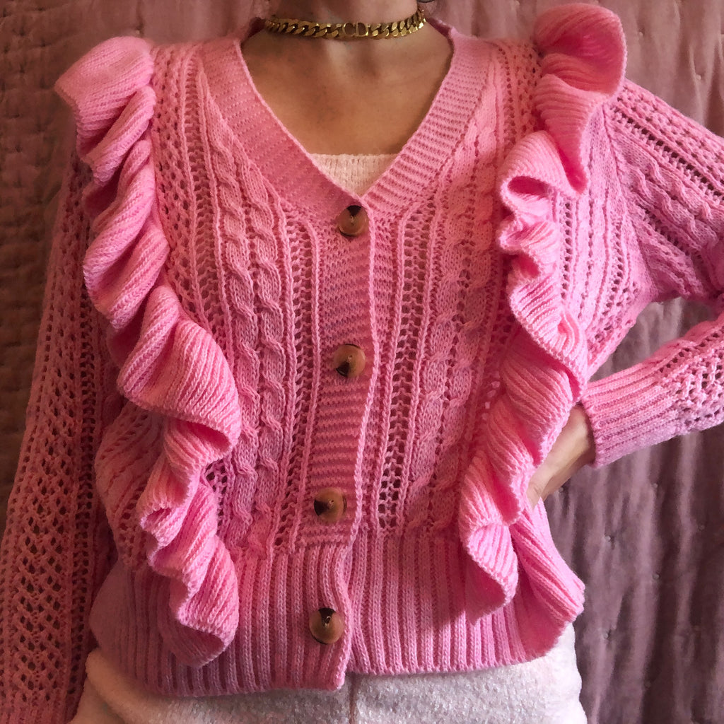 ARIA PINK KNITTED FRILLED CARDIGAN - Celeb Threads
