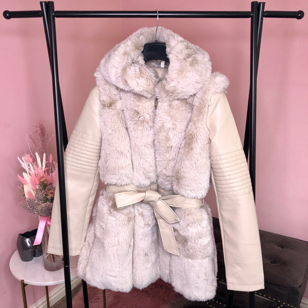 LILY CREAM HOODED FAUX FUR TRIM BELTED LONGLINE COAT - Celeb Threads