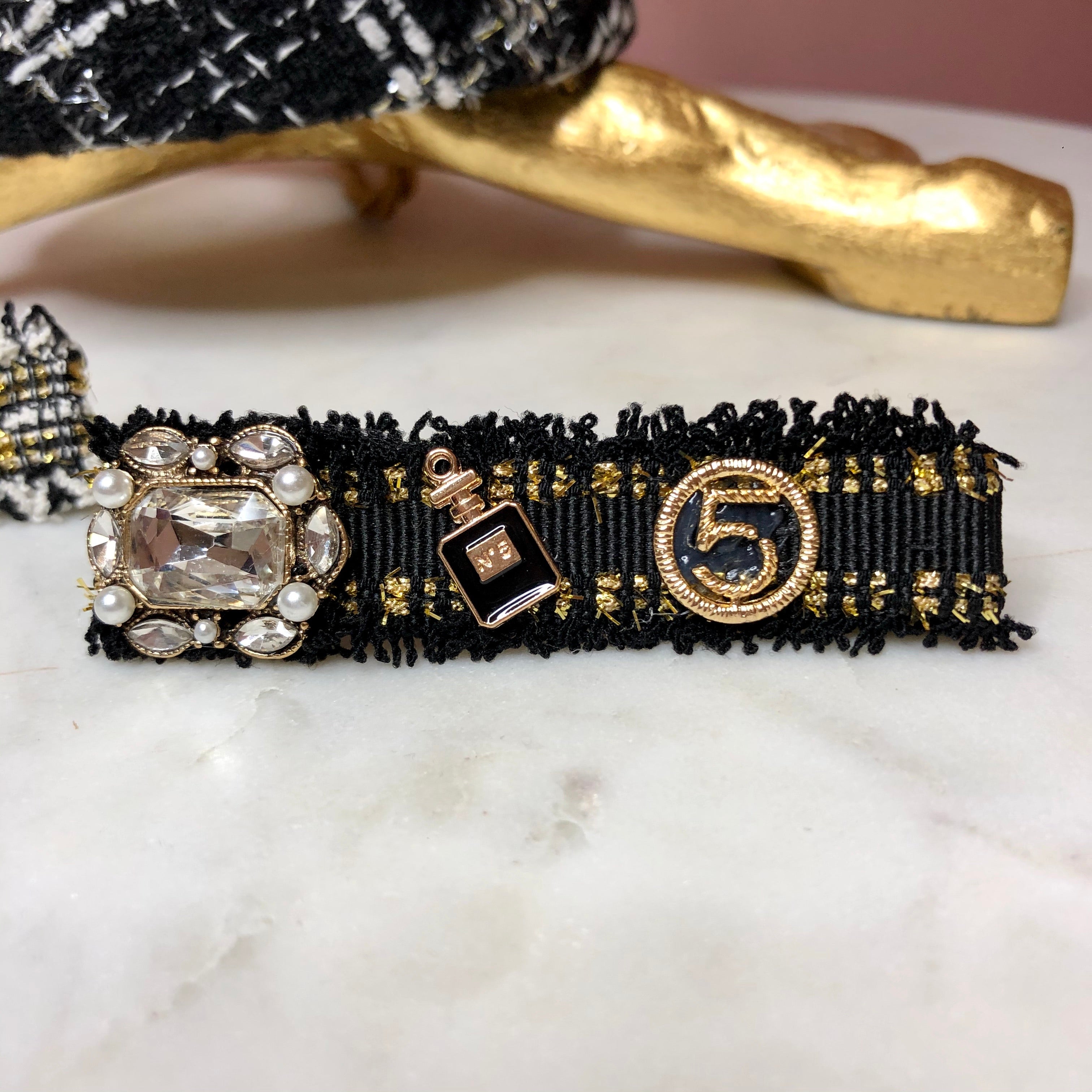 Tweed black perfume bottle hair clip